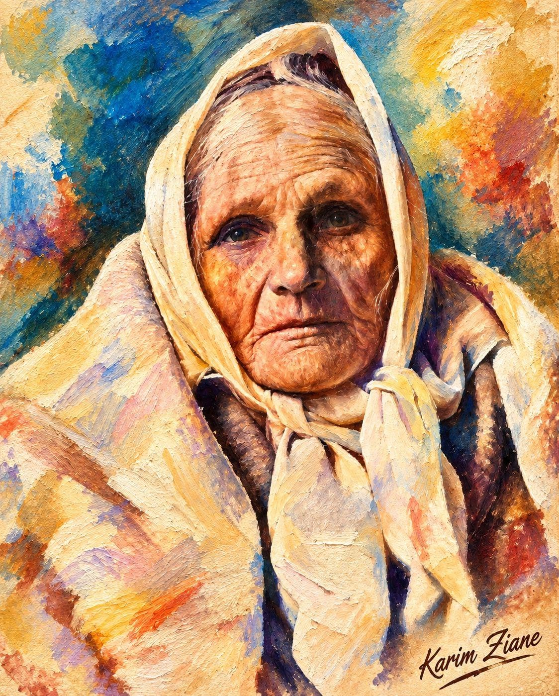 Portrait peint d’une femme âgée portant un foulard clair, signé Karim Ziane.