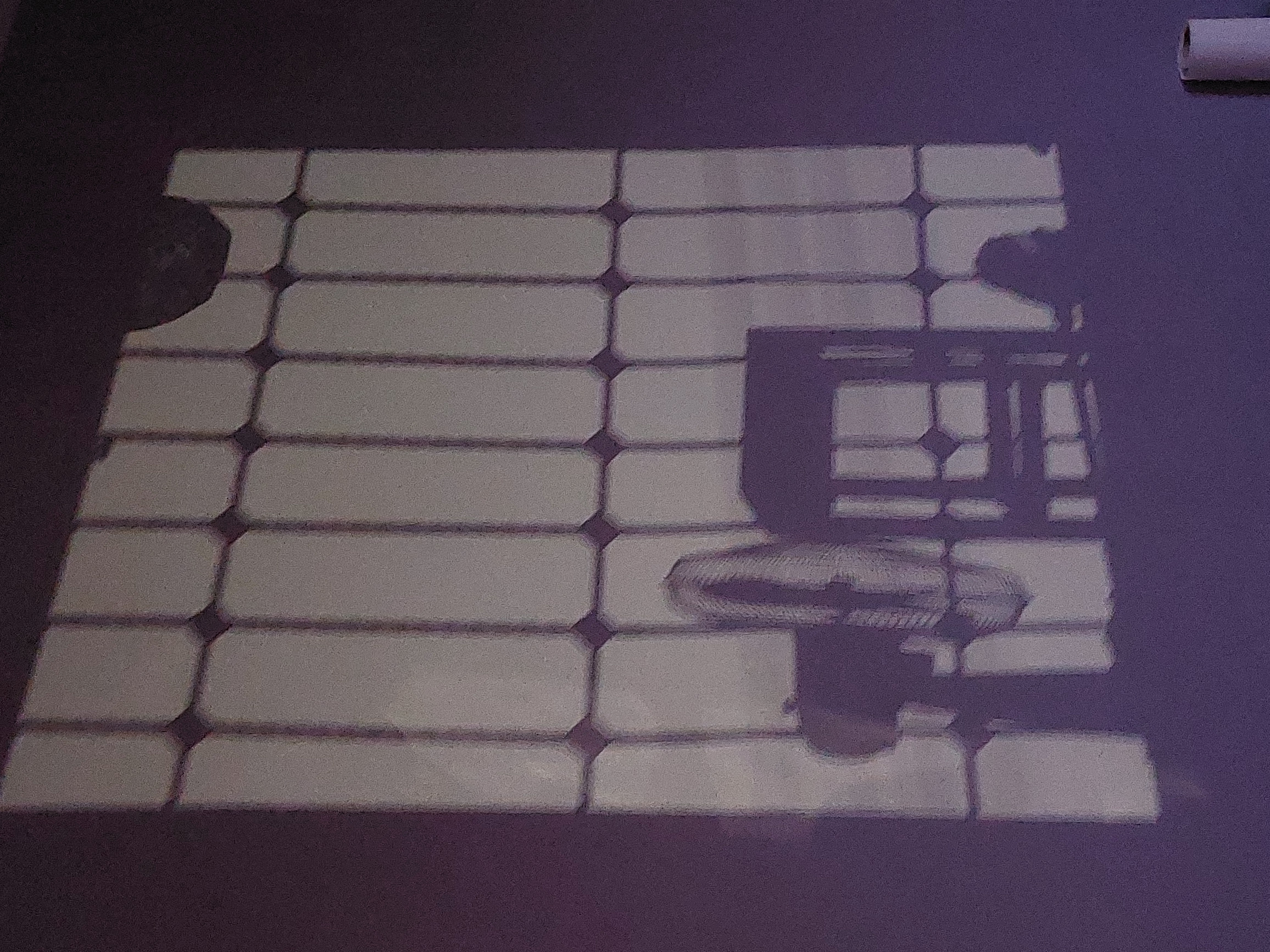 Les ombres d’une fenêtre et d’objets se dessinent sur un mur violet.